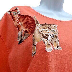 Vintage 80s Cat Dress Plus Size Cotton Kitten Print Short Sleeves Pockets XL 1X
